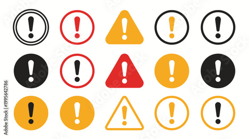Collection of warning and attention signs diverse shapes and colors displayed