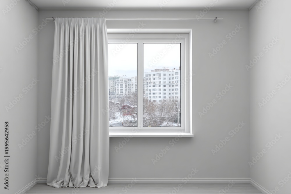 Fototapeta premium White curtain hangs beside a window with a city view in winter.