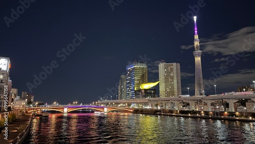 Tokyo Skytree and Asahi beer building, Tokyo, Japan, night view