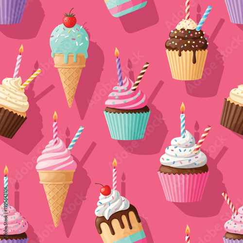 Colorful cupcakes with frosting and sprinkles on pink background