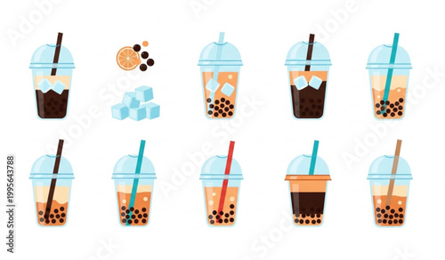 Set of iced coffee and bubble tea vector with takeaway drinks flat design collection