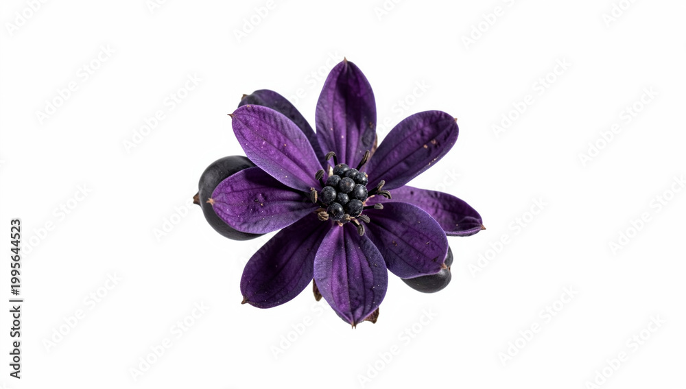 Obraz premium Single purple flower with a dark blue center and green leaves against white background.