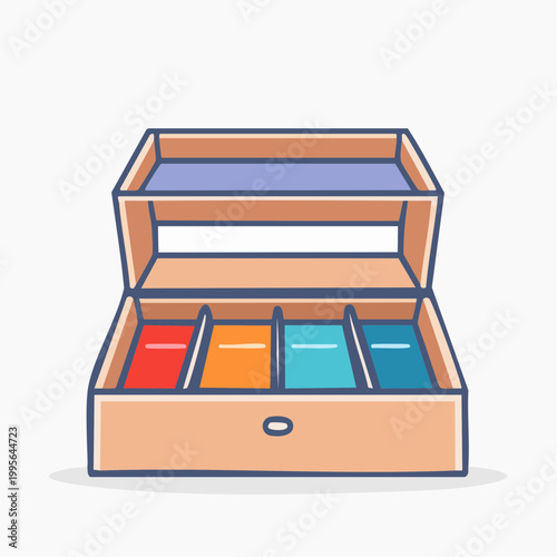 Open Wooden Box with Colorful Compartments