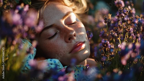 Young woman lies among blooming flowers in a garden during golden hour sunlight with closed eyes