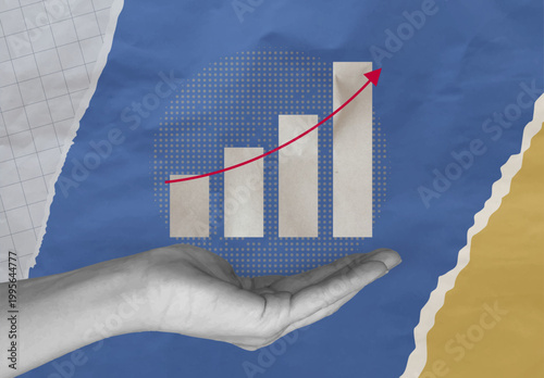 Collage economy analysis with market stock investment and cutout halftone hand. Graph financial forward with grow data hand and art growth computer. Vector index collage with arrow chart market.