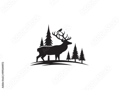 silhouette of a majestic deer with antlers in a forest scene vector illustration