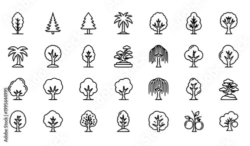 Thin line tree icons set editable stroke minimal forest and nature symbol collection isolated on white background