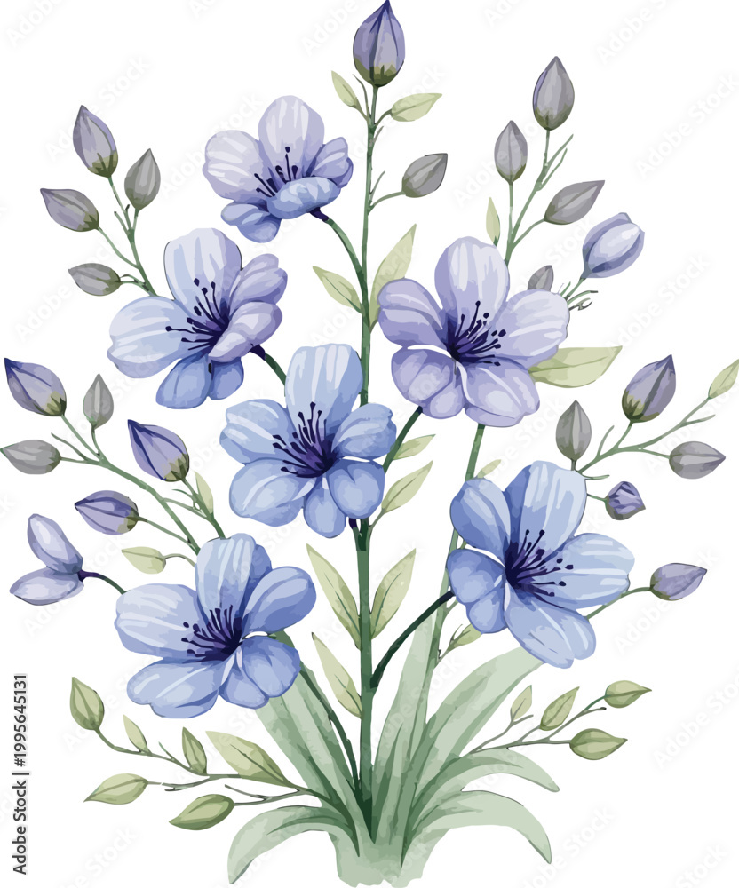Fototapeta premium Blue Flower Bouquet with Buds and Green Foliage