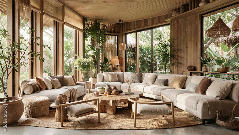 Fototapeta premium Contemporary lounge space featuring plush seating, natural light and greenery.