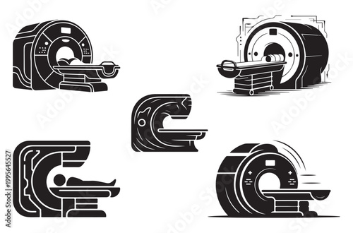 Collection of mri scanner diagnostic machine icons featuring medical imaging equipment for clinical examinations scanning procedures patient healthcare scan hardware silhouettes.
