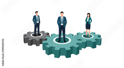 Business people standing on gear cogs.