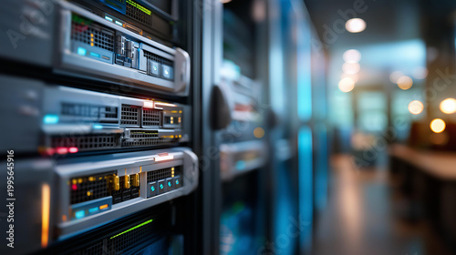 Server rack row visible through an open data center door revealing enterprise IT infrastructure and network equipment