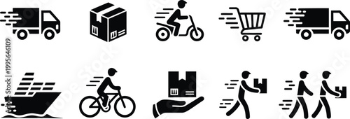 Black and white flat of transportation and travel activities and flat transportation