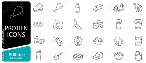 Protein food line icons set in outline style, meat, fish, eggs, dairy, healthy nutrition, diet protein icons, editable stroke vector illustration