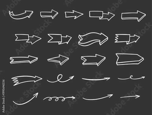 Hand drawn curved arrows set with rough edges in sketch style