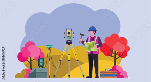 Surveyor using modern equipment for land measurement and data collection