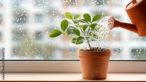 Hand watering small green plant in pot on windowsill for concept of growth, investment, new life, or business development