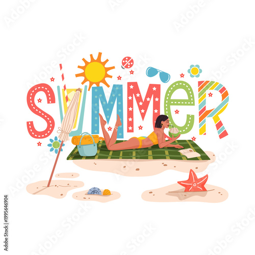 Summer typography vector illustration, woman sunbathing on beach with colorful lettering, tropical vacation and holiday season concept