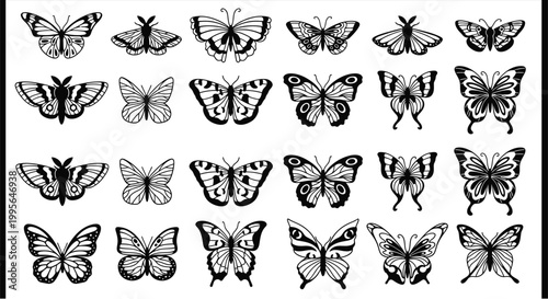 Collection of diverse butterfly illustrations in black and white