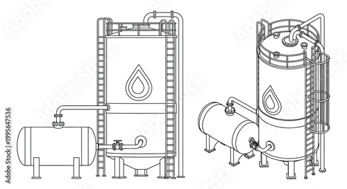 Line drawing of industrial tanks and connected piping systems