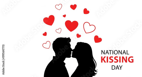 Romantic couple silhouette celebrating national kissing day with floating hearts and bold typography on white background