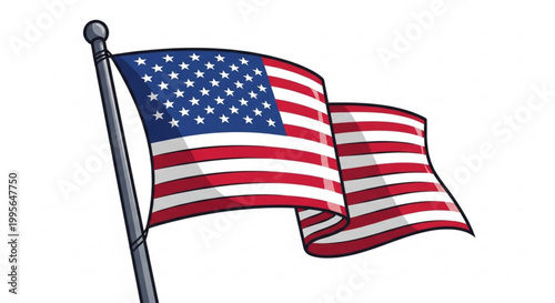 American flag waving in the wind isolated on a white background showcasing red white and blue colors with stars and stripes design