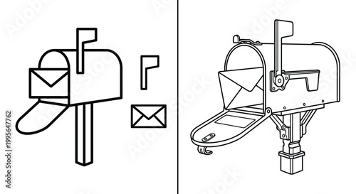 Line drawings of a mailbox in different perspectives and with mail