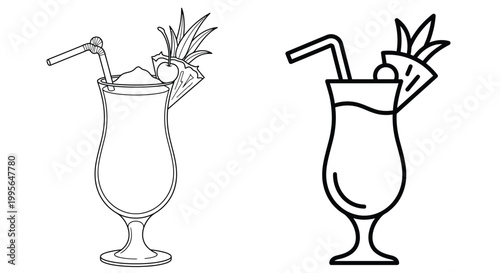 Two line art illustrations of tropical cocktails with pineapple garnish