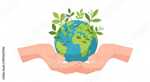 Hands gently holding a globe with green leaves sprouting from a plant symbolizing sustainability and environmental protection in a flat vector style illustration