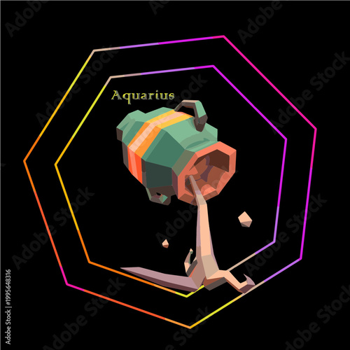 Low poly Aquarius zodiac icon in neon hexagon frame. Perfect for astrologers, app designers, and merch creators for horoscope apps, t-shirts, and stickers.