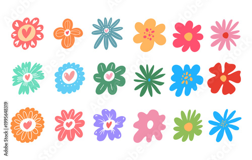 Colorful flat flower icons set with heart shapes in petals, playful decorative floral collection