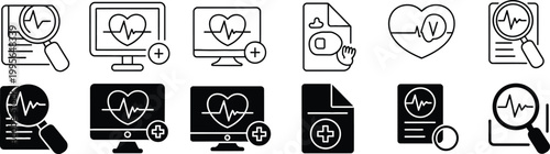 Simple line of heart and pulse with plus symbol on white and black backgrounds heart pulse line