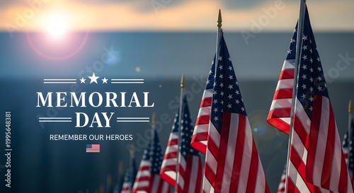 American flags and memorial day text with sunset lens flare american flag armed forces veterans