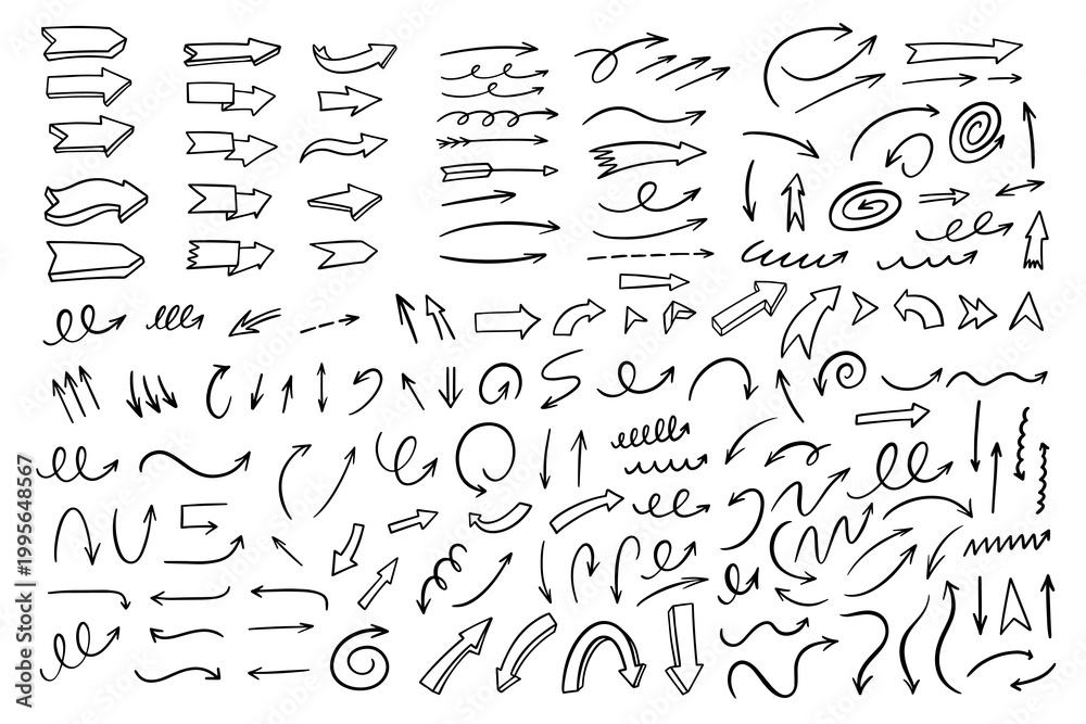 Fototapeta premium Large collection of hand drawn arrows in different styles directions and shapes
