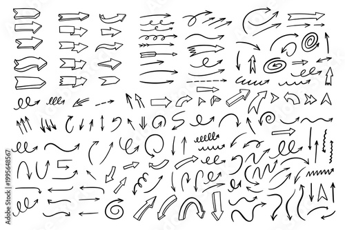 Large collection of hand drawn arrows in different styles directions and shapes