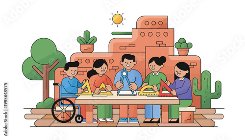 Diverse Group of Architects and Students Collaborating Outdoors with Geometry Tools and Mathematical Equipment - Flat Vector Illustration