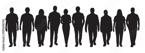 A large row of diverse people's silhouettes walking forward representing urban movement and daily commuting life