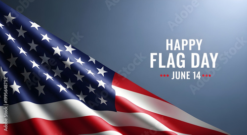 Happy flag day june 14th usa flag waving in blue gradient background with united states, blue sky