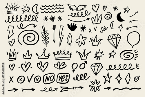 Hand drawn doodle elements set with stars hearts arrows crowns and abstract shapes
