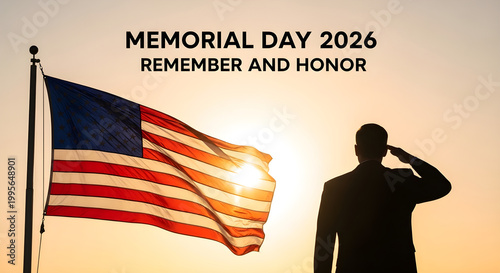 Memorial day soldier salutes usa flag at sunset remember and honor with american flag, armed forces