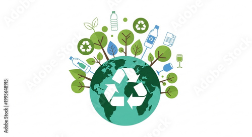 Green globe with recycling symbol and eco friendly icons emphasizing sustainability and environmental conservation