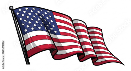 American flag waving gently in the wind with bold red white and blue colors on a clean background