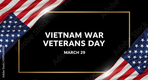 Vietnam war veterans day march 20th usa flags border golden frame with usa flag, american flag
