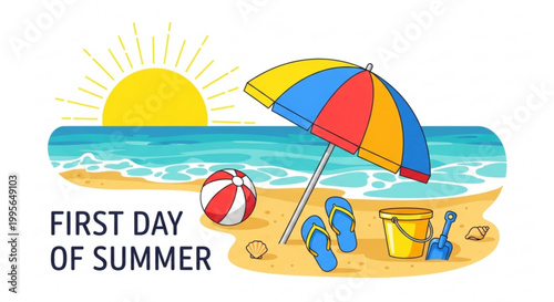 Colorful beach umbrella and sand toys on sunny shoreline with text 'first day of summer' in bold lettering