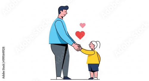 Loving man and child holding hands with hearts floating above depicting family bonding and affection in a warm emotional moment