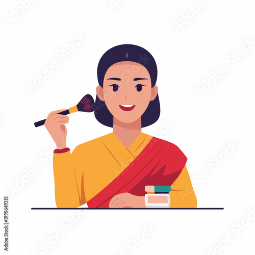 Woman Applying Makeup with Brush and Foundation