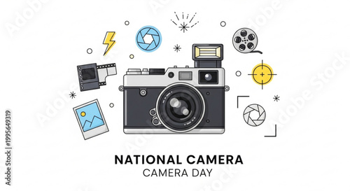 Vintage camera and photography equipment illustrated with vibrant icons celebrating national camera day modern design with playful elements