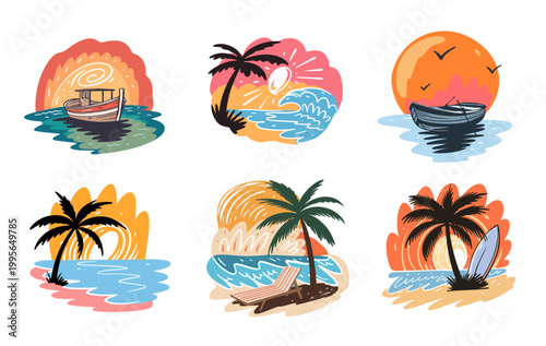 Set of tropical summer beach scenes with boats palm trees waves and sunset