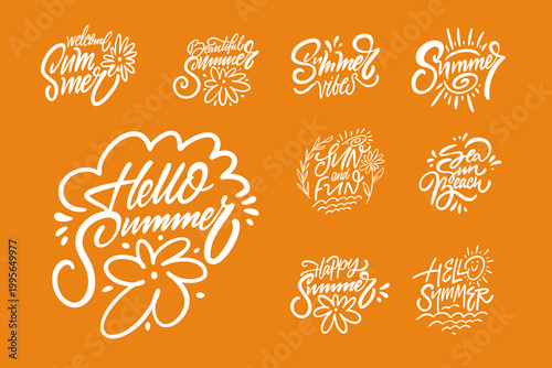 Hand lettering summer quotes set including Hello Summer