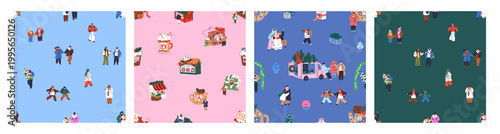 Christmas patterns with tiny people walking outdoors, winter holiday market. Seamless endless backgrounds set, Xmas and New Year repeating prints for wrapping designs. Flat vector illustrations
